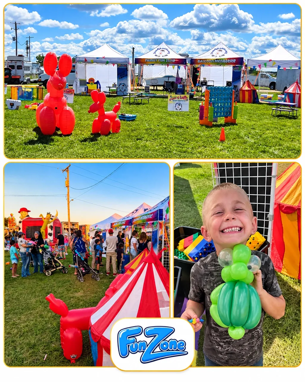 Just 4 Laffs Fun Zone at a fair: colorful tents, family games, balloon sculptures, and a young guest with a balloon creation
