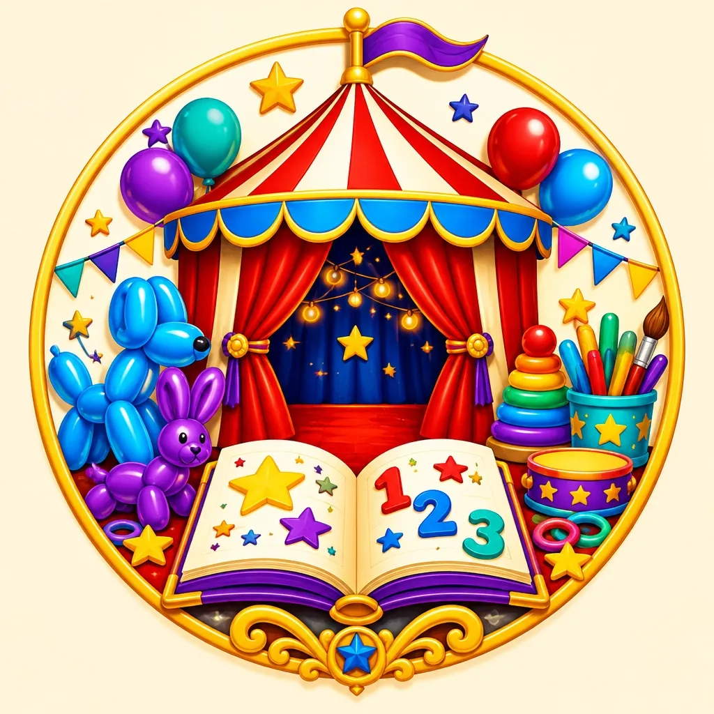 Colorful fair tent, balloon animals, and an open educational activity book