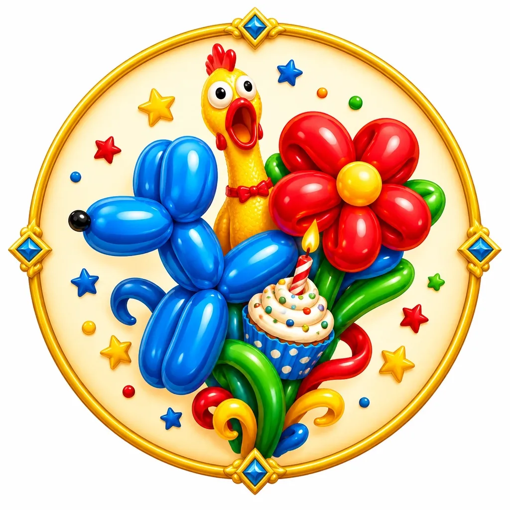Colorful balloon dog, flower and birthday cupcake with a playful rubber chicken