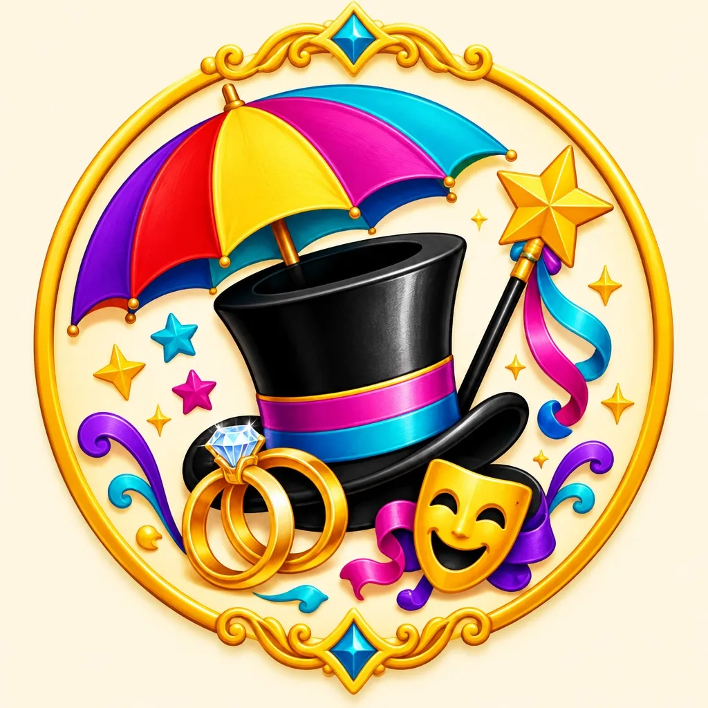 Colorful top hat, umbrella, wedding rings, and theatre mask for special occasions